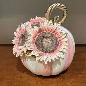 MacKenzie-Childs White and Pink Pumpkin with Sunflower Design